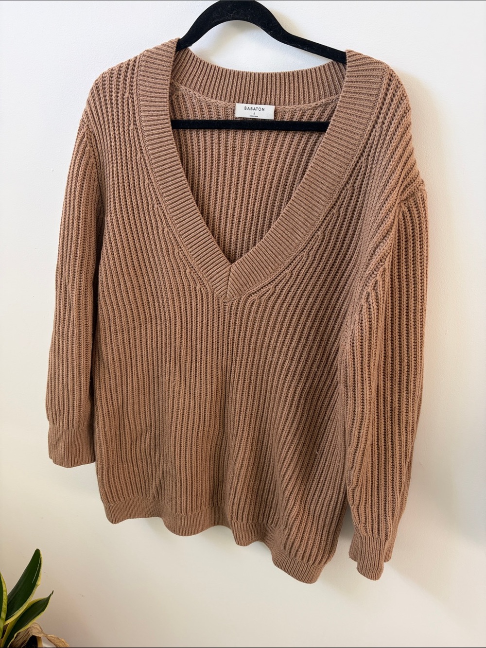 Babaton Ribbed V-Neck Sweater in Camel Brown